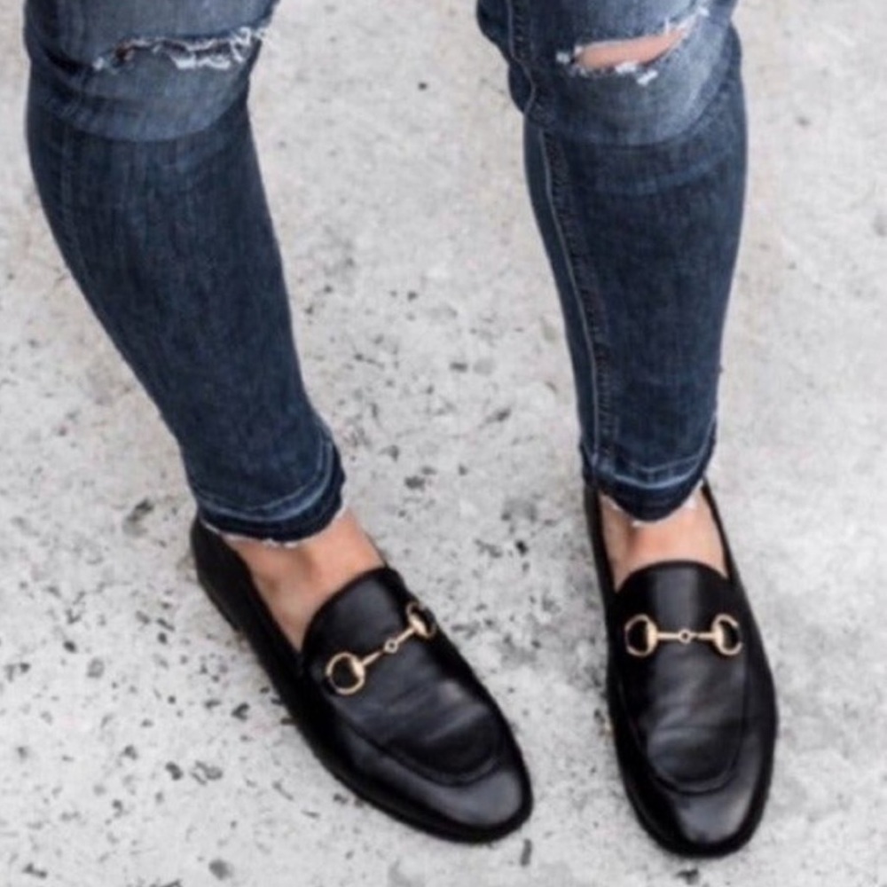 GUCCI Brixton Horsebit Leather Loafers Shoes Black size 37.5 / 7.5 Slip On AUTH!